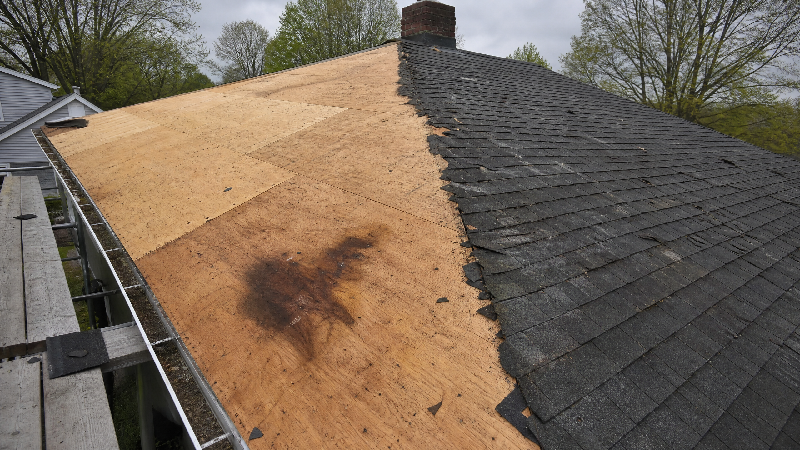 Tear-off in progress showing the plywood decking under the shingles