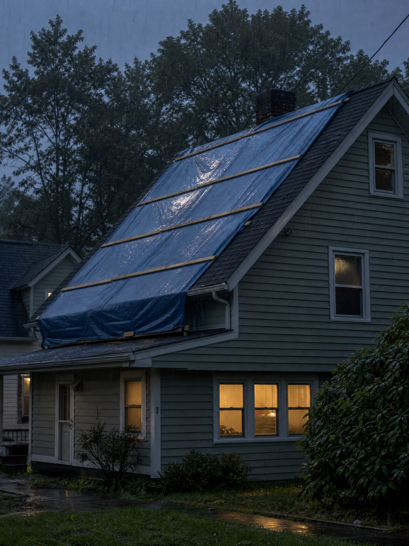 Emergency tarp secured over a storm-damaged roof at dusk