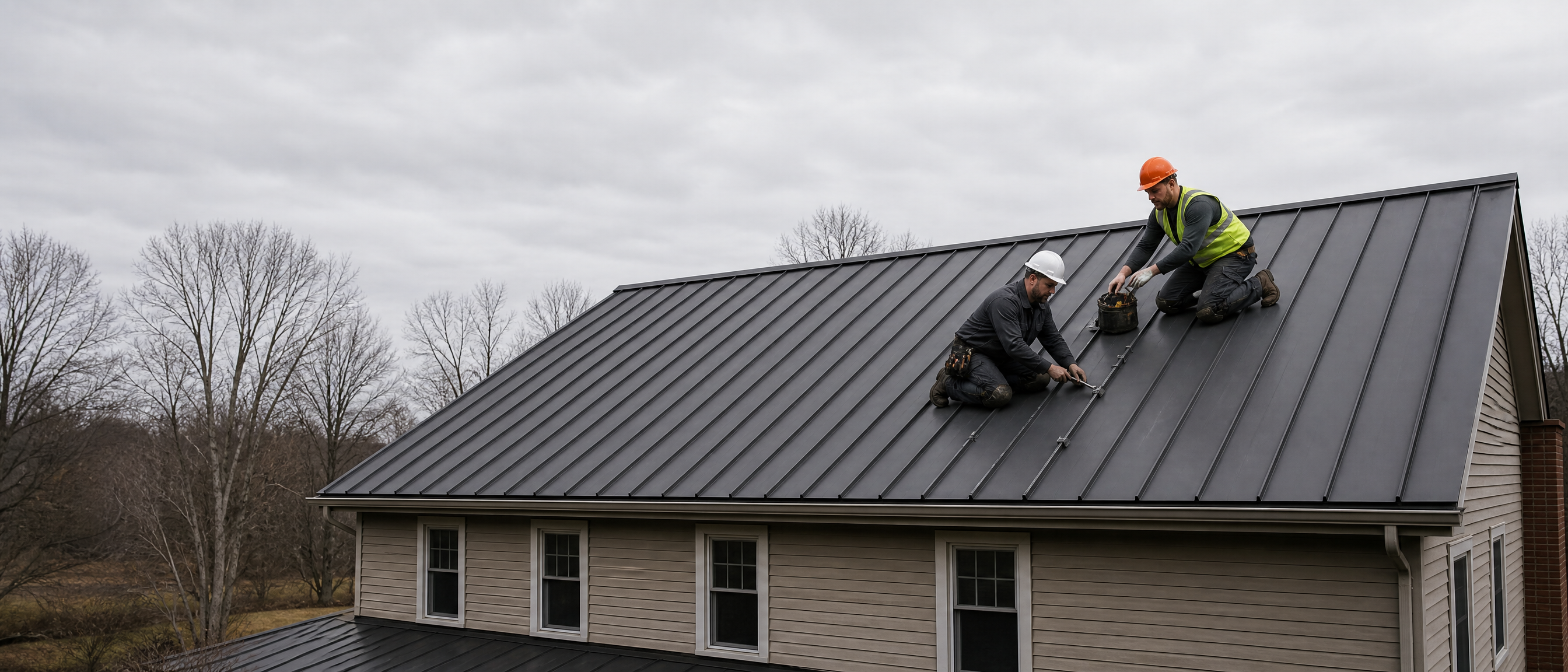 The crew fastening seams on a metal roof in Schenectady