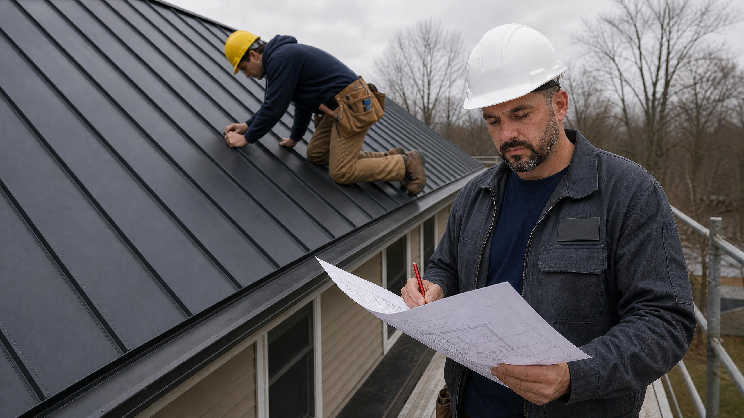 The Roofing Schenectady crew lead reviewing plans beside a standing-seam metal roof while a technician checks a seam