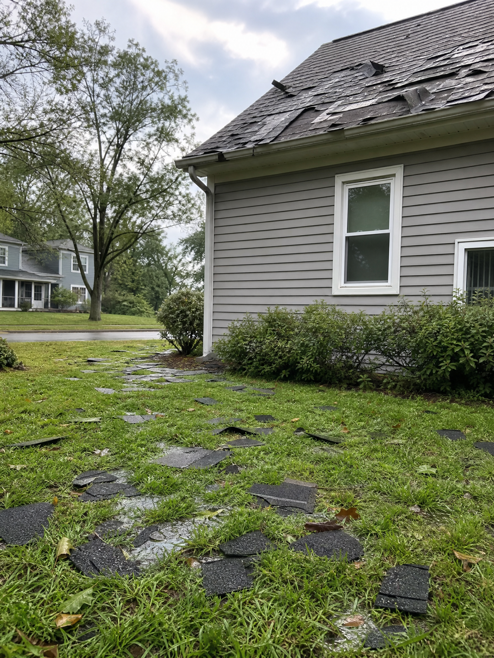 Wind-blown shingles on a lawn after a Schenectady storm